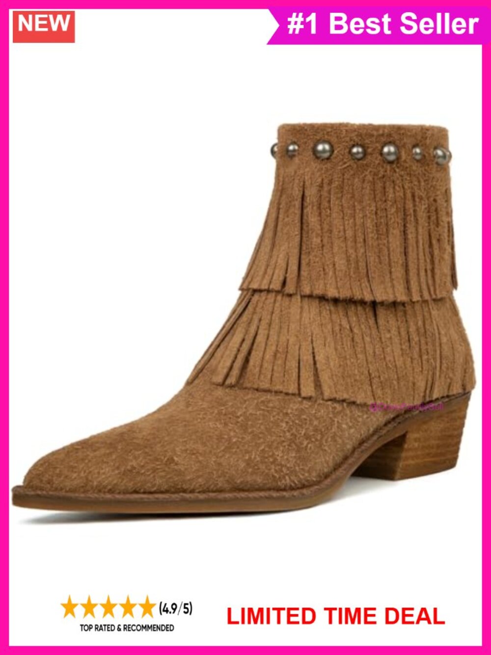 Genuine Suede Fringe Ankle Boots Pointed Toe Studded Western Booties